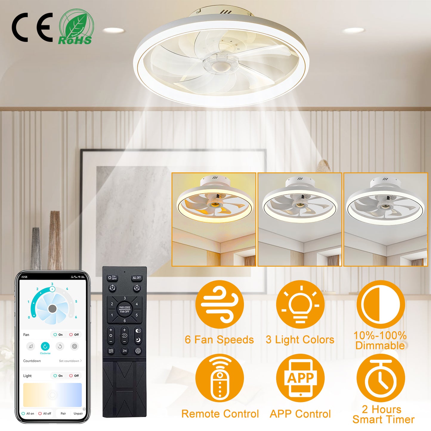 19.7in Ceiling Fan with 60W Light RoundÊPendant Fan Lamp LED Ceiling Fan with 6-Fan Speed 3000-6500W Light Color Adjustment Remote Control Timer APP C