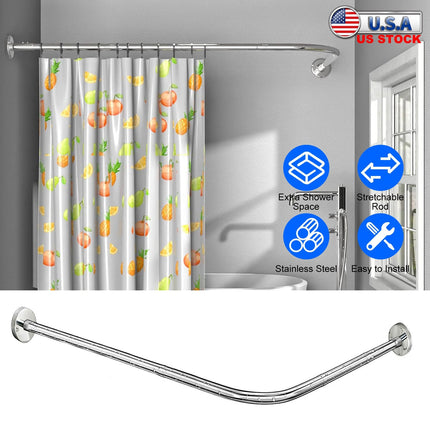 Curved Shower Curtain Rod Stainless Steel Rod L Shaped Stretchable Rod Bathroom Tub Closet Corner Rack Silver