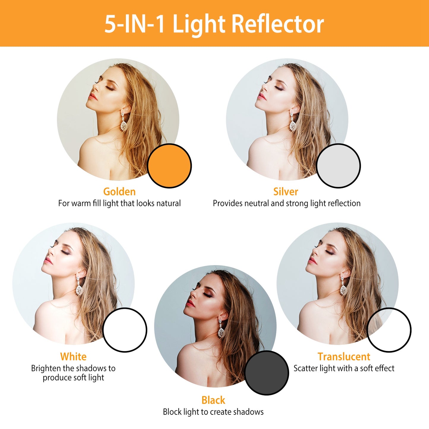 42.5In 5 In 1 Photography Round Light Reflector Collapsible Multi Disc Light Diffuser w/ Storage Bag Translucent Silver Gold White Black 5 Colors Refl