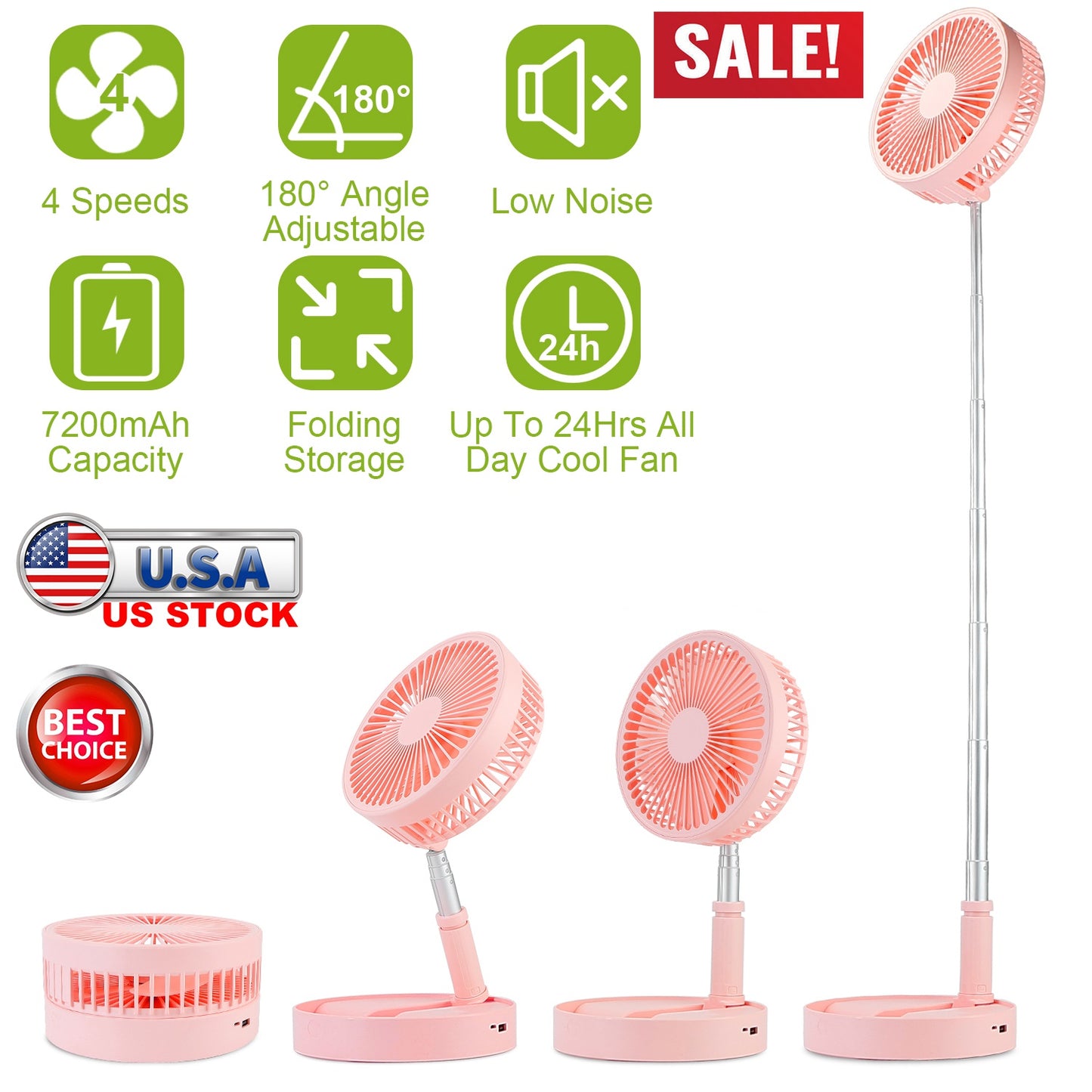 Portable Folding Desk Table Fan Quiet USB Rechargeable Telescopic Standing Floor Fan w/ 4 Speeds Adjustable Height 180¡ Tilting Angle For Office Home