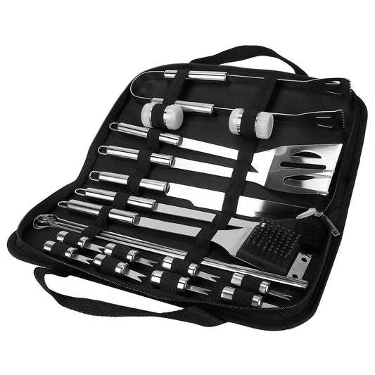 Stainless Steel BBQ Grill Tool Kit Grilling Utensil Accessories w/ Spatula Tongs Fork KnifeBrush Pepper Salt Shaker Bottle Grilled Skewers Corn Need