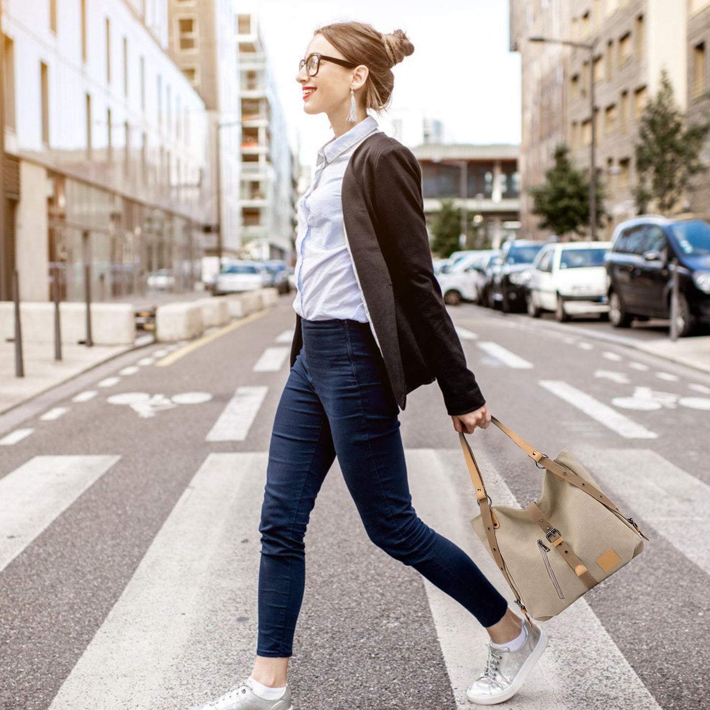 Ladies Canvas Tote Bag Multifunctional Purse Handbag Adjustable Shoulder Rucksack Convertible Backpack Wear-Resistant Dirt-Proof For Women School Offi