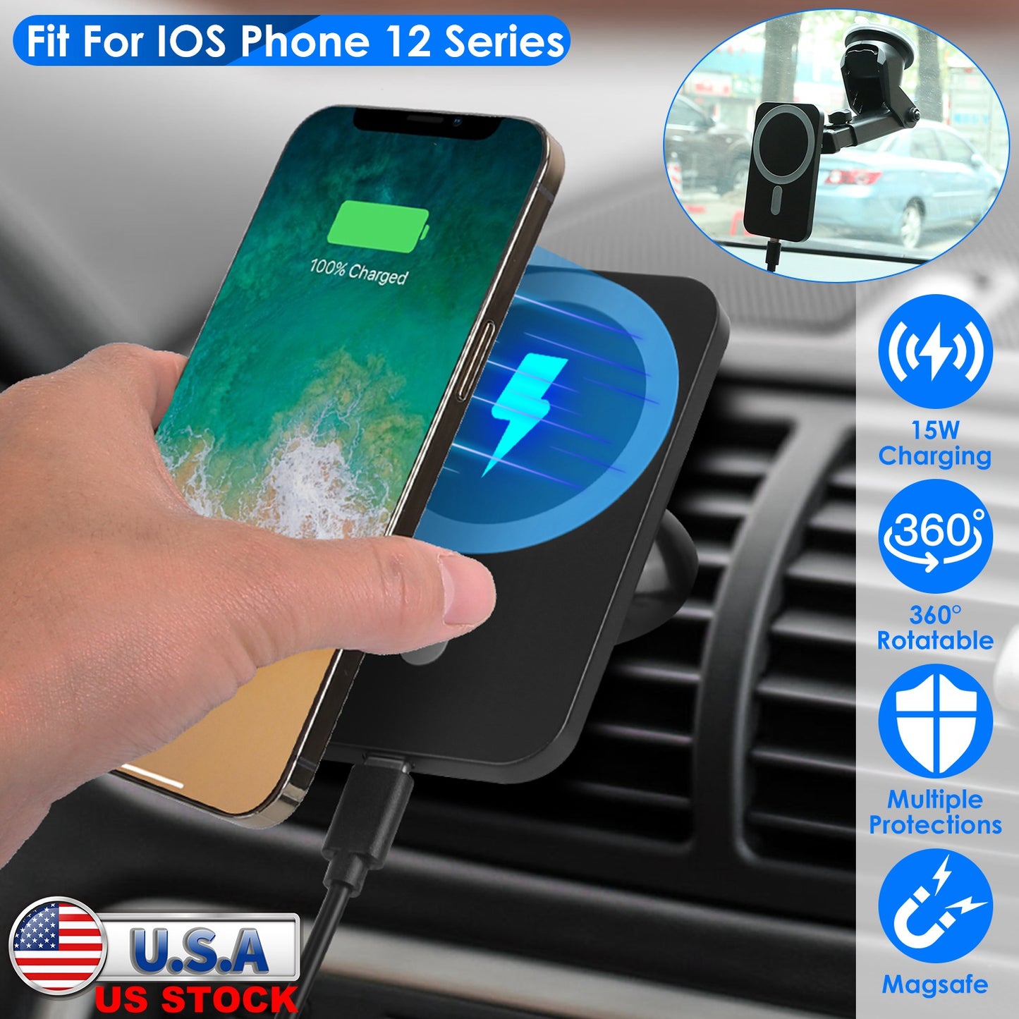 Magnetic Wireless Car Charger MagSafe Car Phone Mount Air Vent Holder 15W Wireless Charger Fit for IOS Phone 12/13/14 Series and QI-Enabled Phones wit