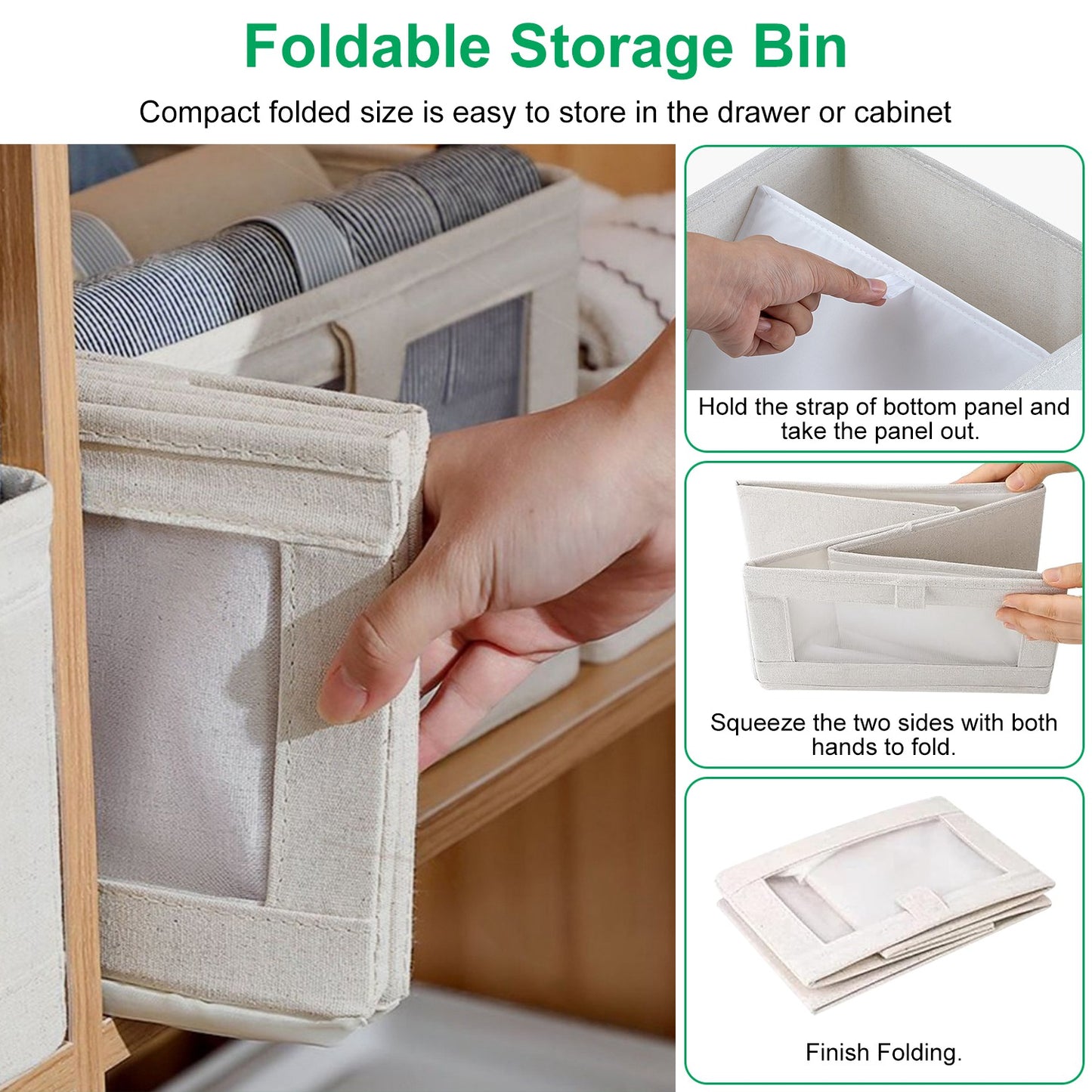 4Pcs Foldable Linen Clothing Storage Bin with Visible Clear Window Convenient Handle Multipurpose Collapsible Storage Basket Closet Fabric Container F