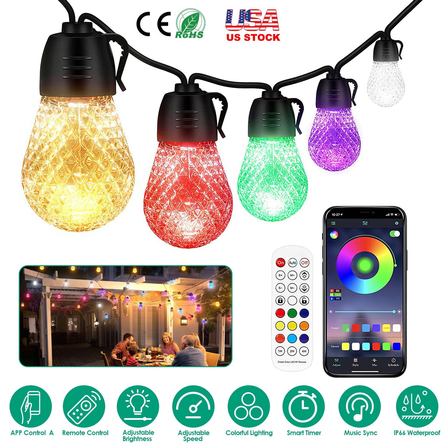 52.5FT Colorful Outdoor String Lights Smart RGB LED Patio Lights IP66 Waterproof Dimmable Hanging Light Bulbs with APP/ Remote Control 15 Bulbs