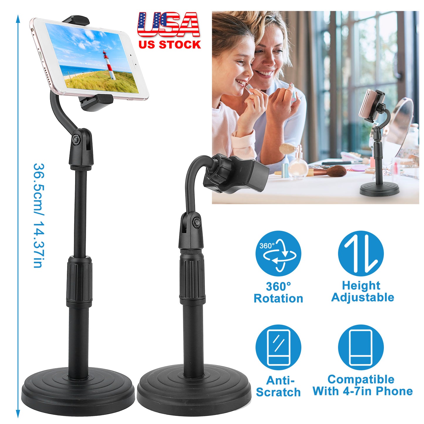 Desktop Phone Stand Angle Height Adjustable Phone Clamp Mount Rotatable Cell Phone Holder For 4-7in Device Selfie Vlog Recording Streaming