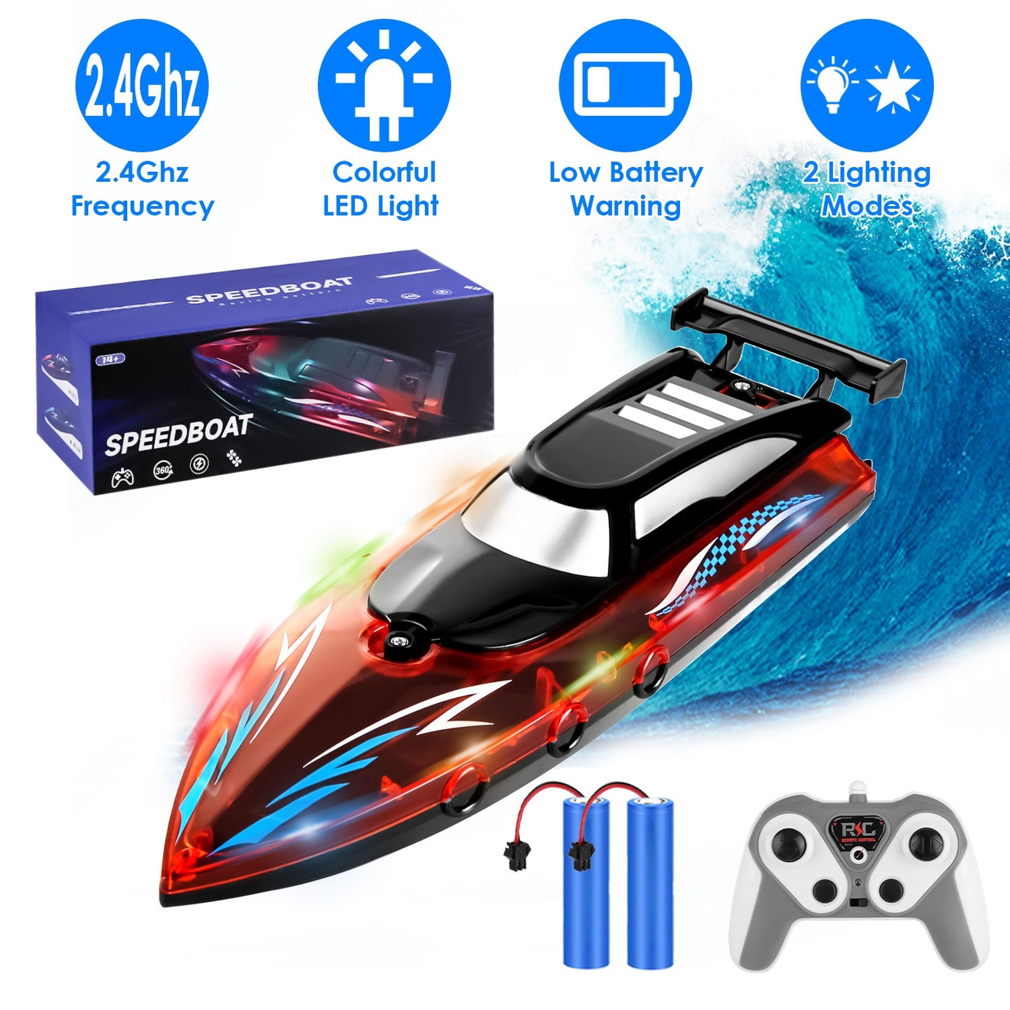RC Boat With Colorful LED Light 10KM/H 40Mins 2.4Ghz Remote Control Racing Boat Toys With 2 Batteries Low Battery Alarm Overreach Warning For Pools La