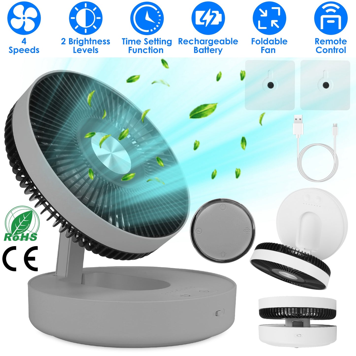 Foldable Rechargeable LED Desk Fan Wall Mounted Fan with Magnetic Remote Hanging Oscillating Fan with 4 Speeds 2 Brightness Time Setting Automatic Rot