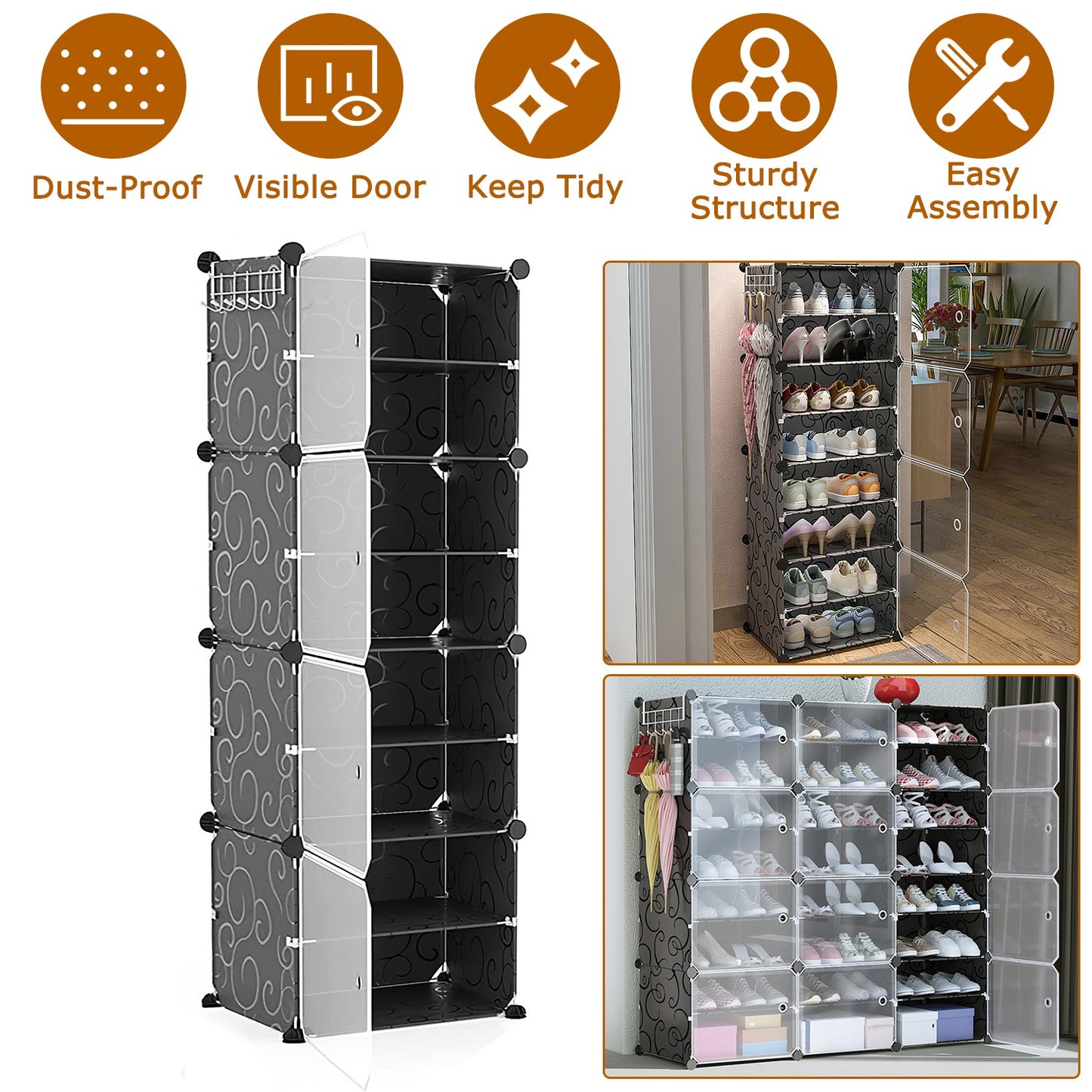 8-Tier Shoe Rack Organizer Stackable Free Standing Shoe Storage Shelf Plastic Shoe Cabinet Tower with Transparent Doors for Heels Boots Slippers Entry