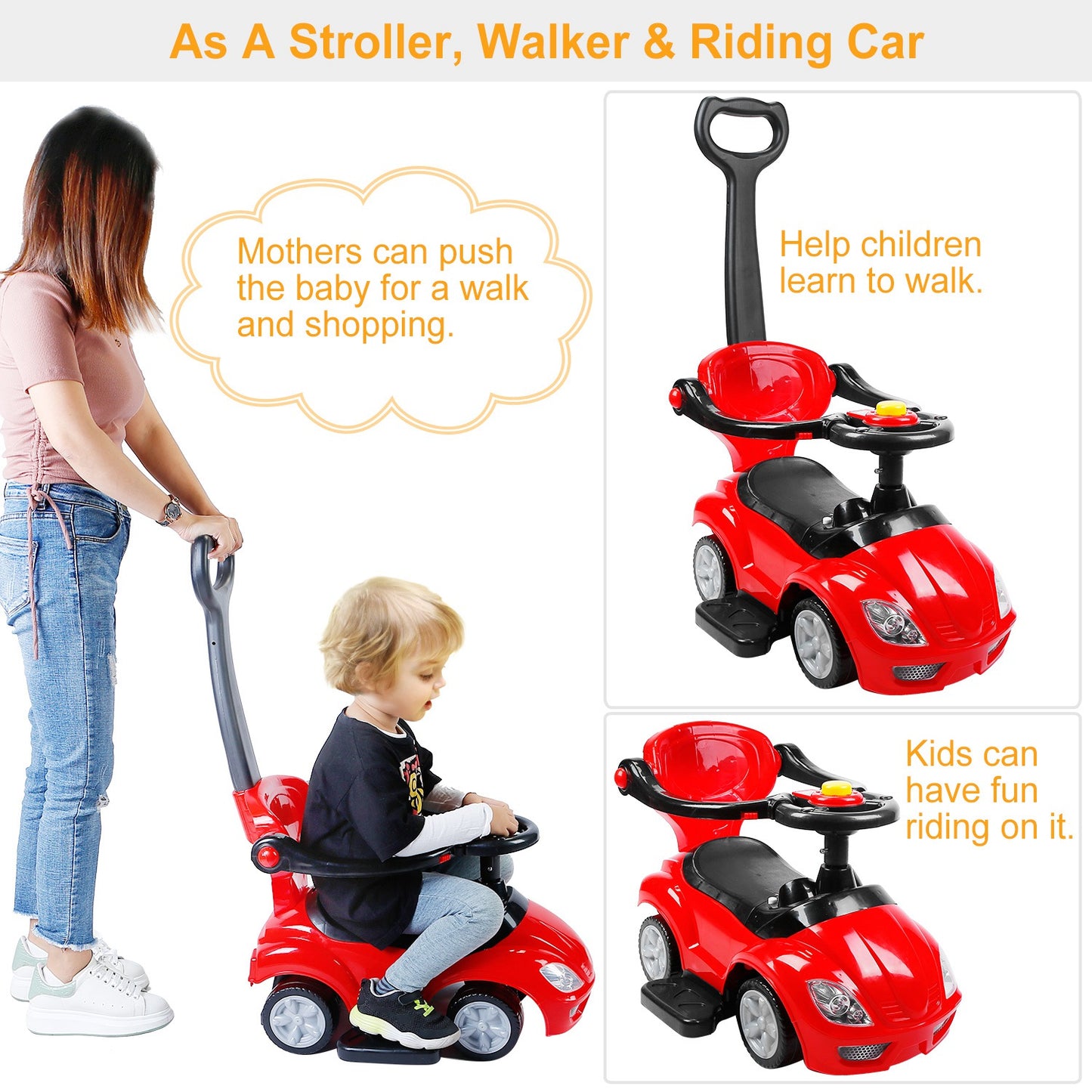 Ride on Push Car 4-Wheel Children Sliding Push Car W/ Colorful Flashing Light Music Handrail Guardrail Push Rod
