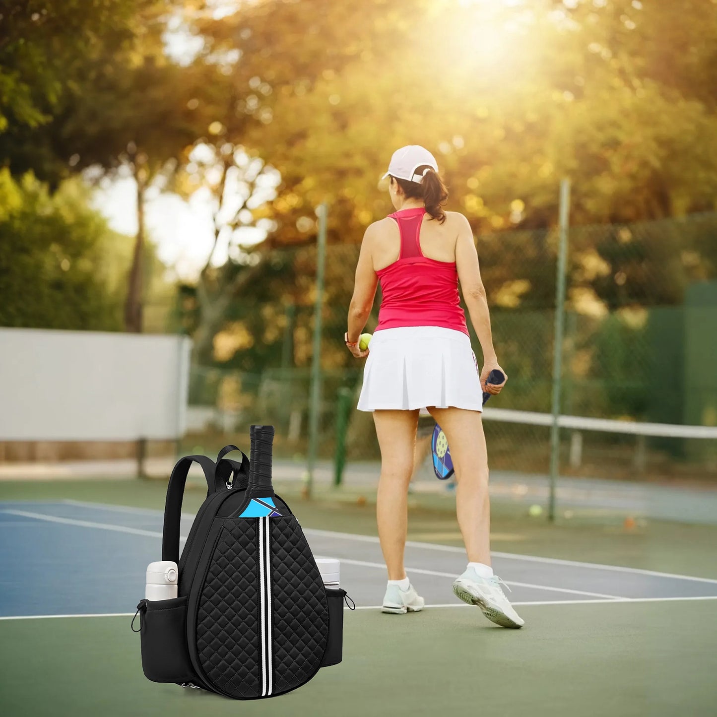 Pickleball Sling Bag for Men Women Waterproof Badminton Tennis Backpack with Wet Pocket Hidden Fence Hook Machine Washable