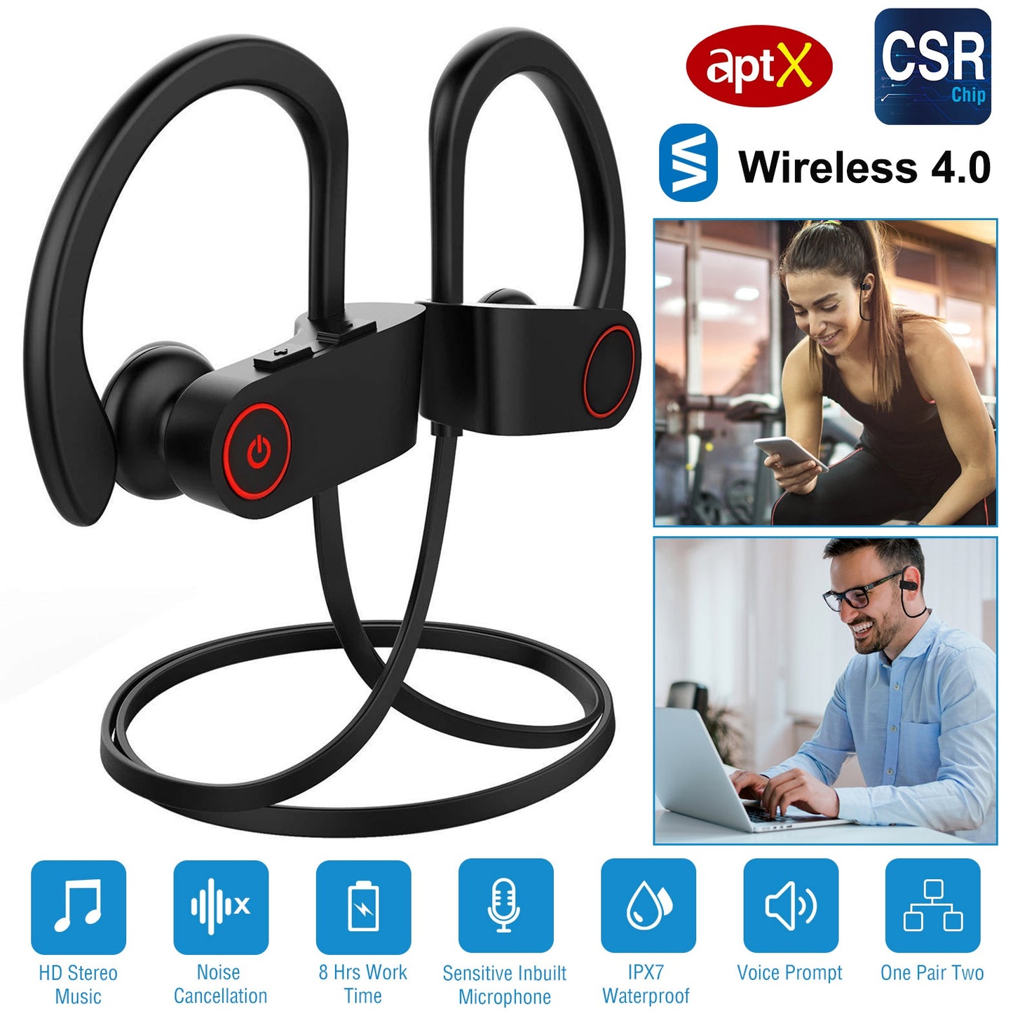 Wireless Headset IPX7 Waterproof Sport Headphones In-Ear Wireless4.1 Stereo Earphone Noise Canceling Neck Earbuds w/Mic 8 Hrs Work Time for Running Hi