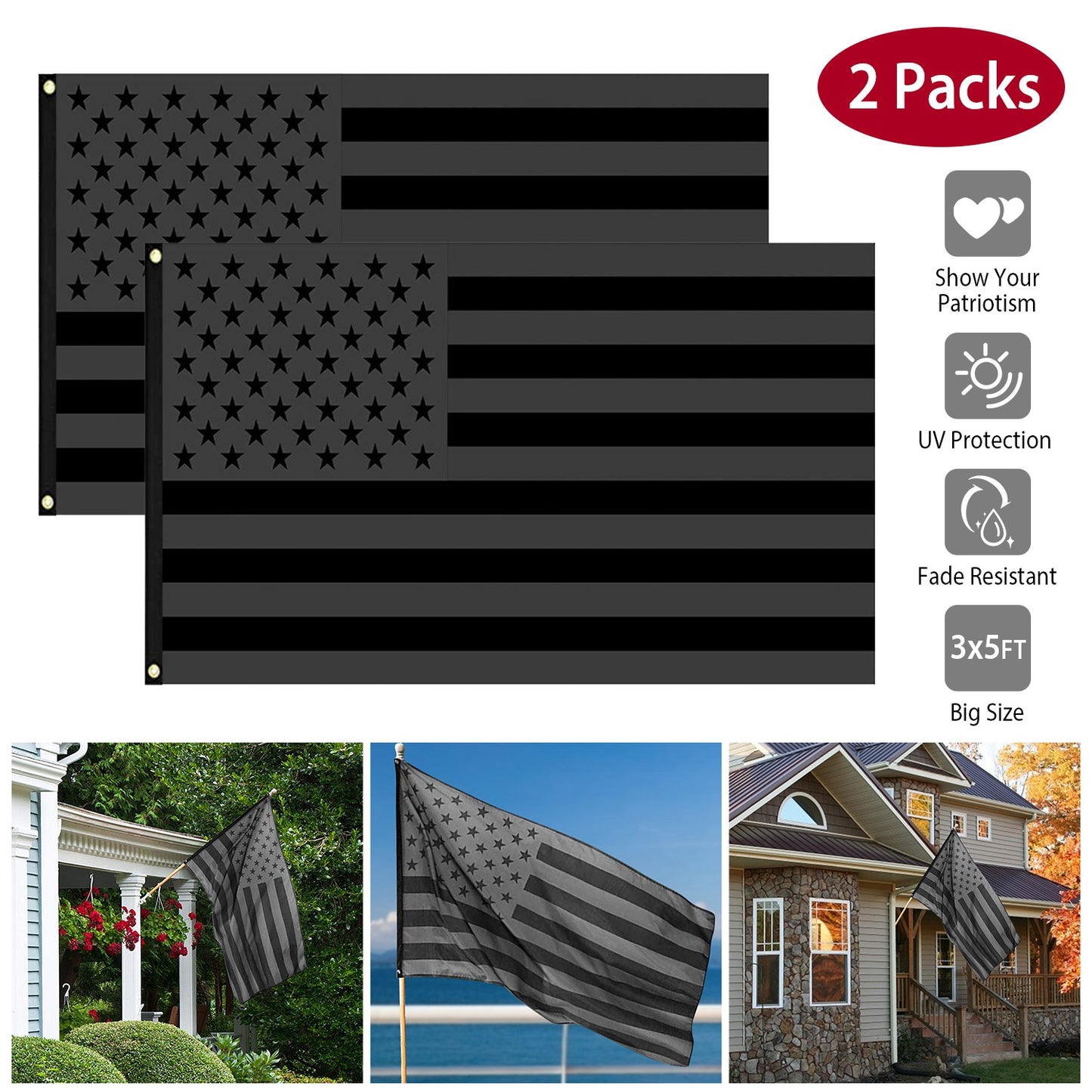 All Black American Flag 3x5FT UV Protection Black US Flag Double Side Printing Fade Resistant Black USA Flag with Brass Grommets