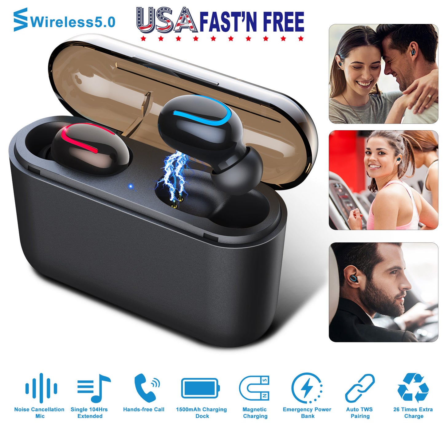 TWS Wireless 5.0 Earbuds In-Ear Stereo Headset Noise Canceling Earphone Headsets w/Mic Magnetic Charging Dock for Driving Working Travelling