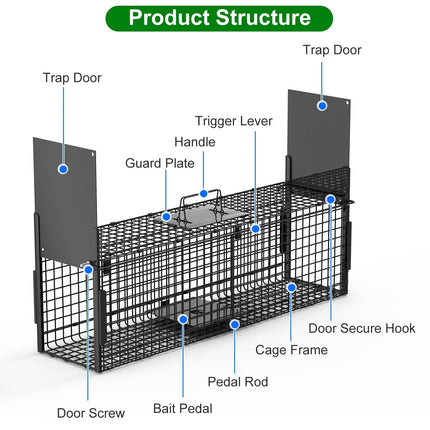 32in 2 Door Live Animal Cage Trap For Animals Under 12LBS Easy To Setup Humane Galvanized Iron Trap Cage For Rabbits Groundhogs Skunk Opossums Nutria