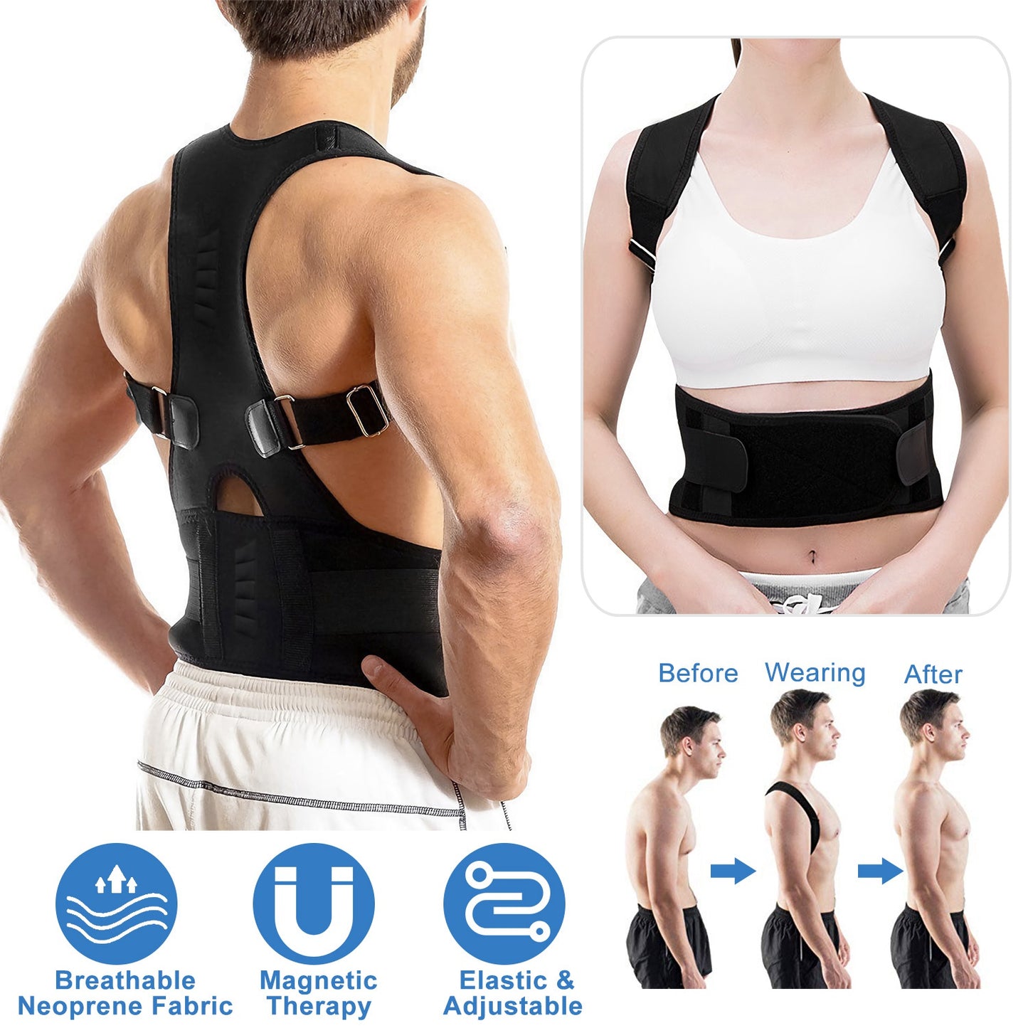 Unisex Posture Corrector Support Magnetic Lumbar Back Posture Support Belt Adjustable Upper Back Braces Clavicle Shoulder Brace Belt Pain Relief Thera