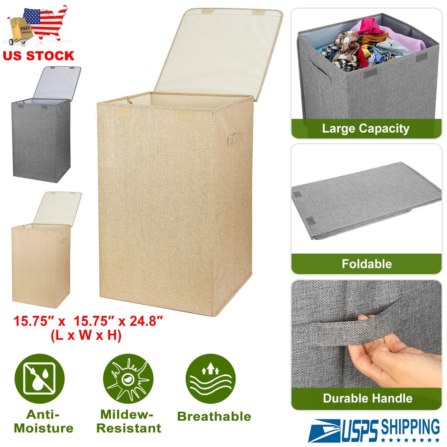 Foldable Laundry Hampers Washing Clothes Laundry Basket w/ Lid Handles Storage Organizer