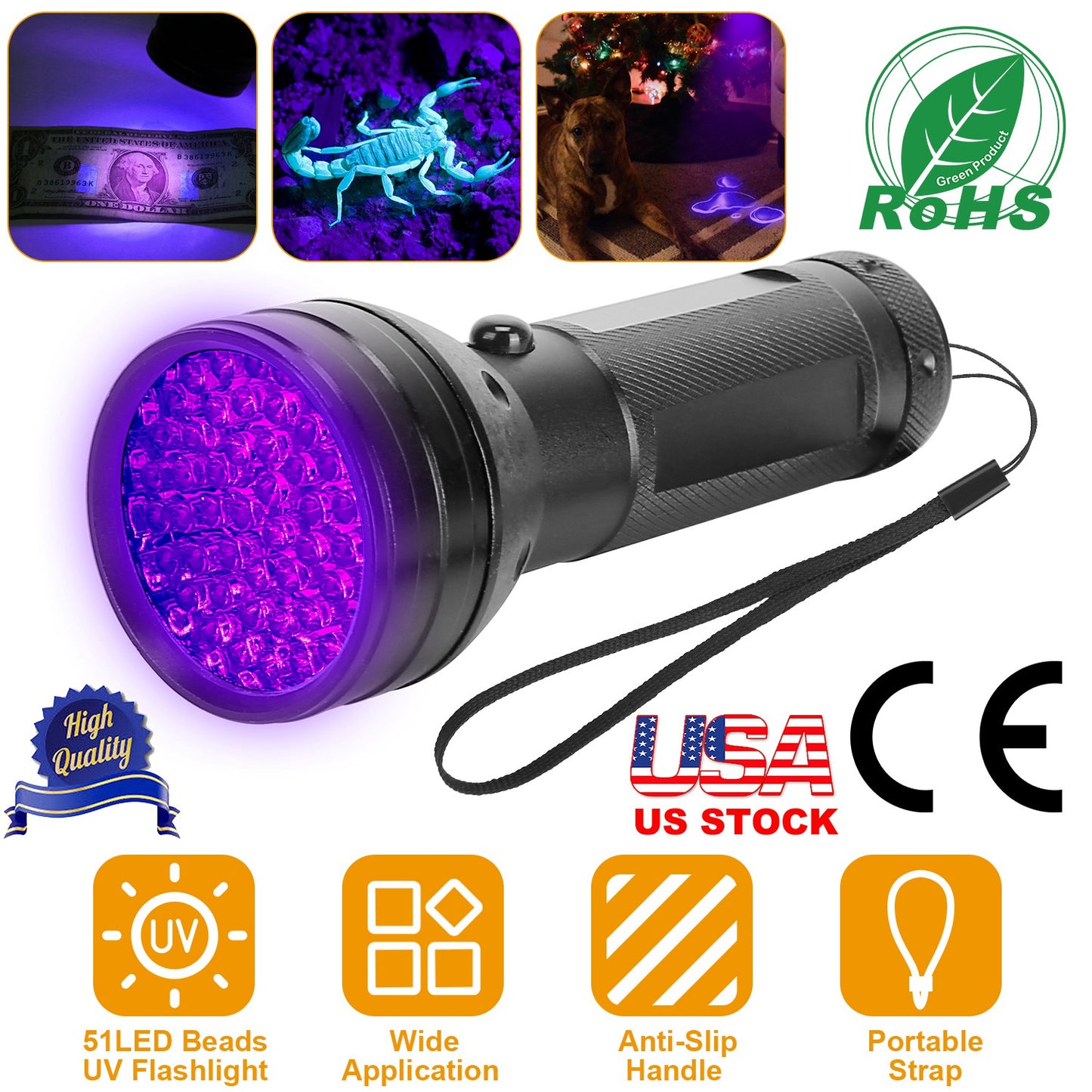Black Light UV Flashlight 51 LED 395nm Ultraviolet Torch Pet Urine Detector Light For Scorpion Hunting Banknote