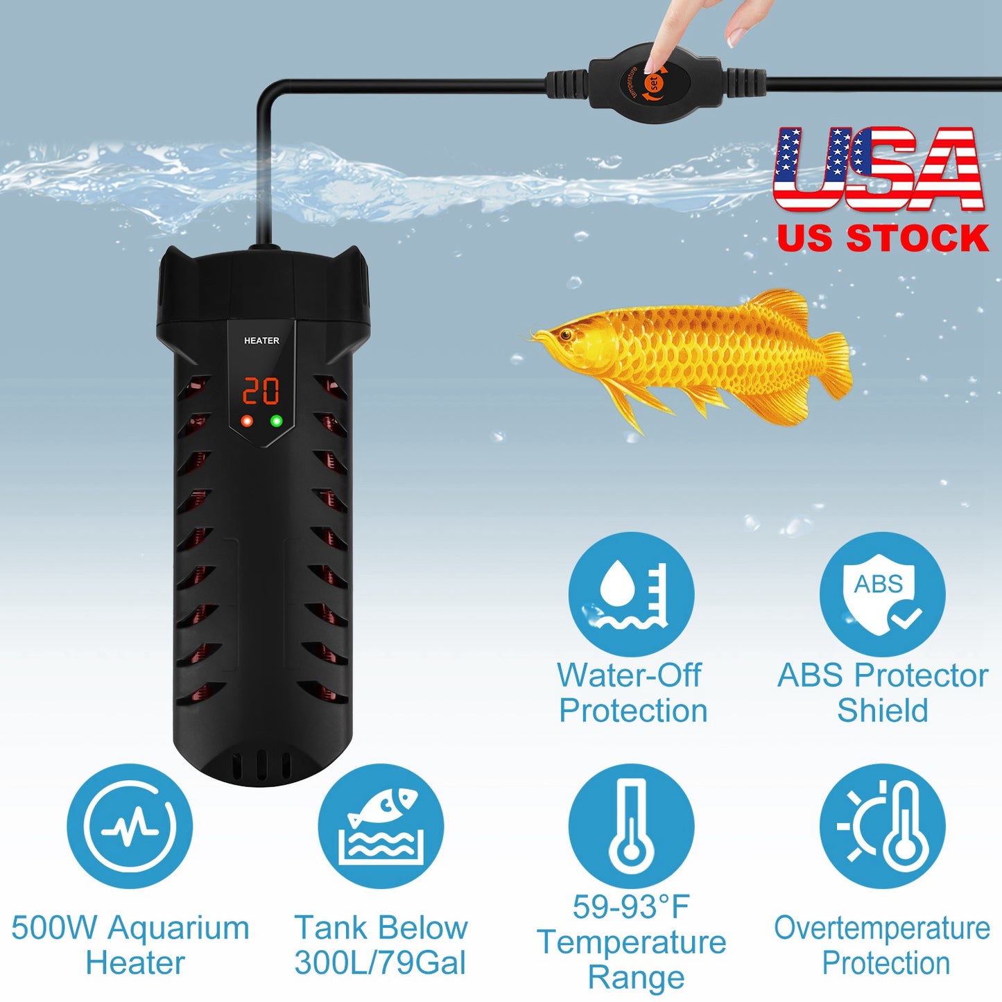 500W Submersible Aquarium Heater Temperature Adjustable External Controller 79Gal Fish Tank Heater Aquarium Thermostat Heater For Freshwater Saltwater