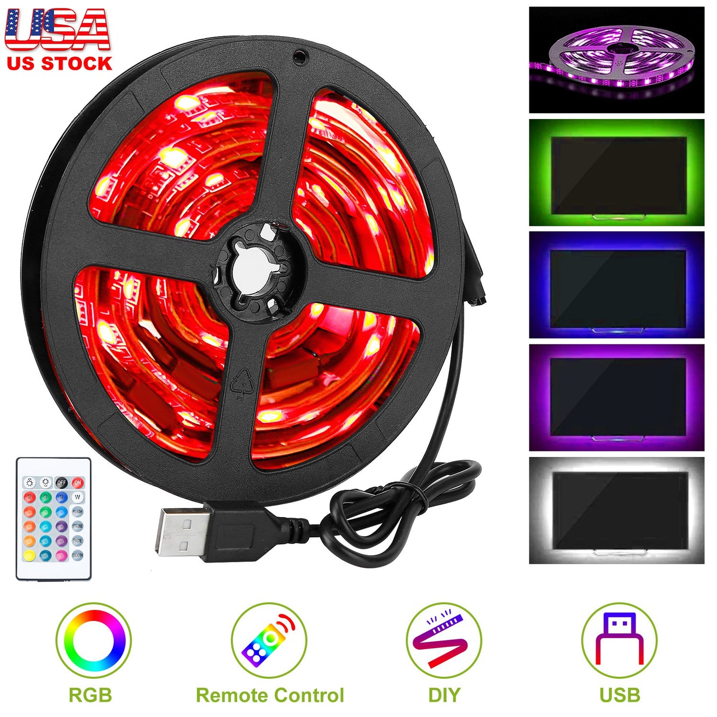 TV LED Backlight Strip 6.56ft Waterproof RGB Strip Light USB Monitor Lighting Kit w/ Remote Controller 16 Colors For 40-60 in TV