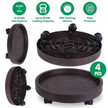 4Pcs 12.8IN Or 14IN Plant Caddy With Wheels Up to 187LBS Load Capacity Rolling Plant Stand With 4Pcs 360° Swirling Wheels For Indoor Outdoor