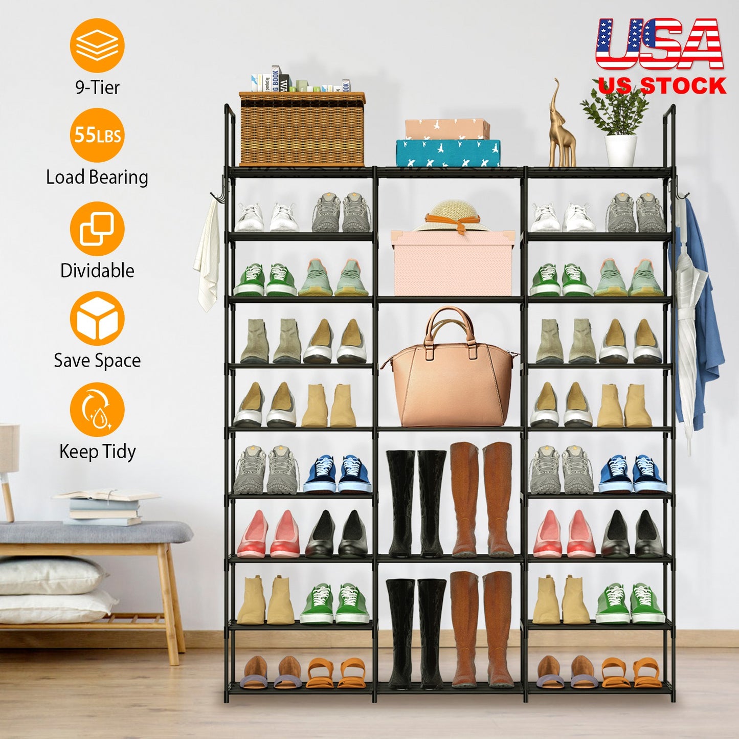 9 Tiers Shoe Rack Metal Shoe Storage Shelf Free Standing Large Shoe Stand 50-55 Pairs Shoe Tower Unit Tall Shoe Organizer with 2 HooksÊfor Entryway Cl