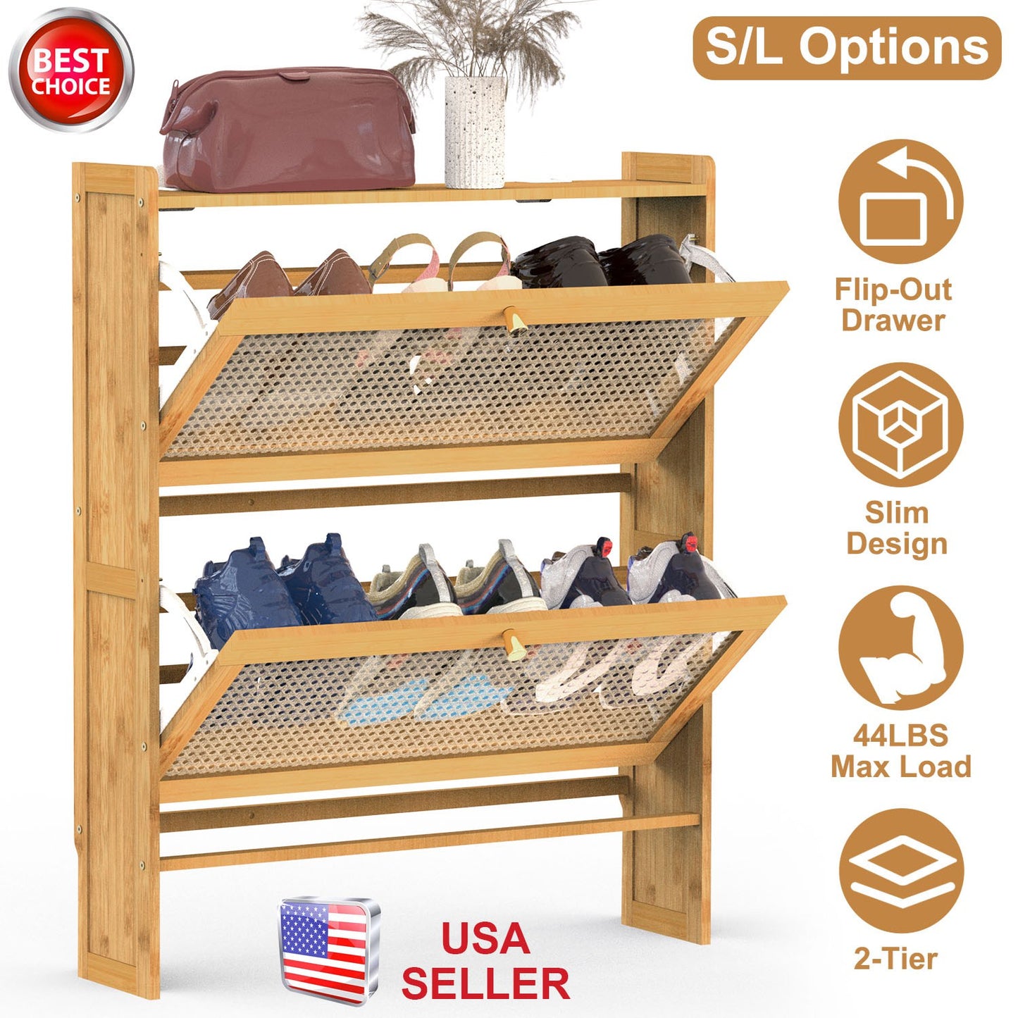 2-Tier Shoe CabinetÊwith 2 Flip Drawers Slim Bamboo Shoe Rack Freestanding Narrow Shoe Organizer with 44lbs Max Load for Entryway Hallway