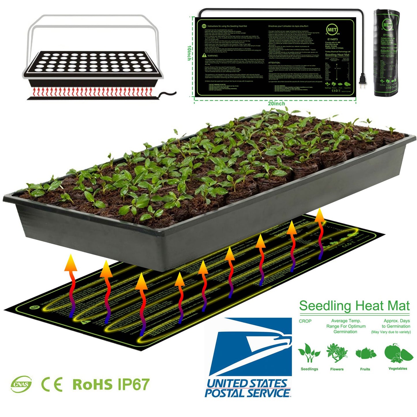10" x 20" Seedling Heat Mat IP67 Waterproof Plant Warm Hydroponic Heating Pad 17.5W for Seed Germination Cloning Plant Propagation