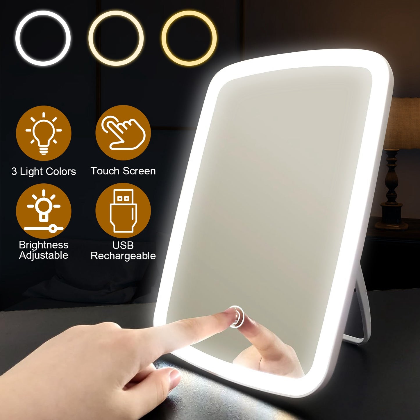 5.98x8.62in Lighted Makeup Mirror Vanity Desk Mirror Small LED Mirror with 3 Light Colors Touch Screen Brightness Adjustable USB Rechargeable