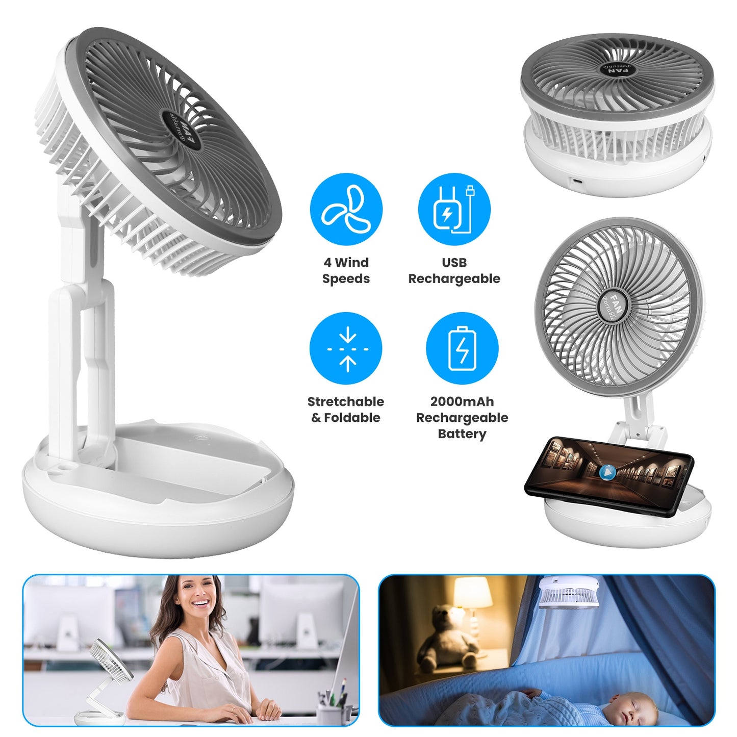All in 1 Folding Desk Fan USB Desk Fan Small Stretchable Fan with 4 Wind Speeds Hanging Desktop Wall Mounted for Bedroom Dormitory Office Travel Campi