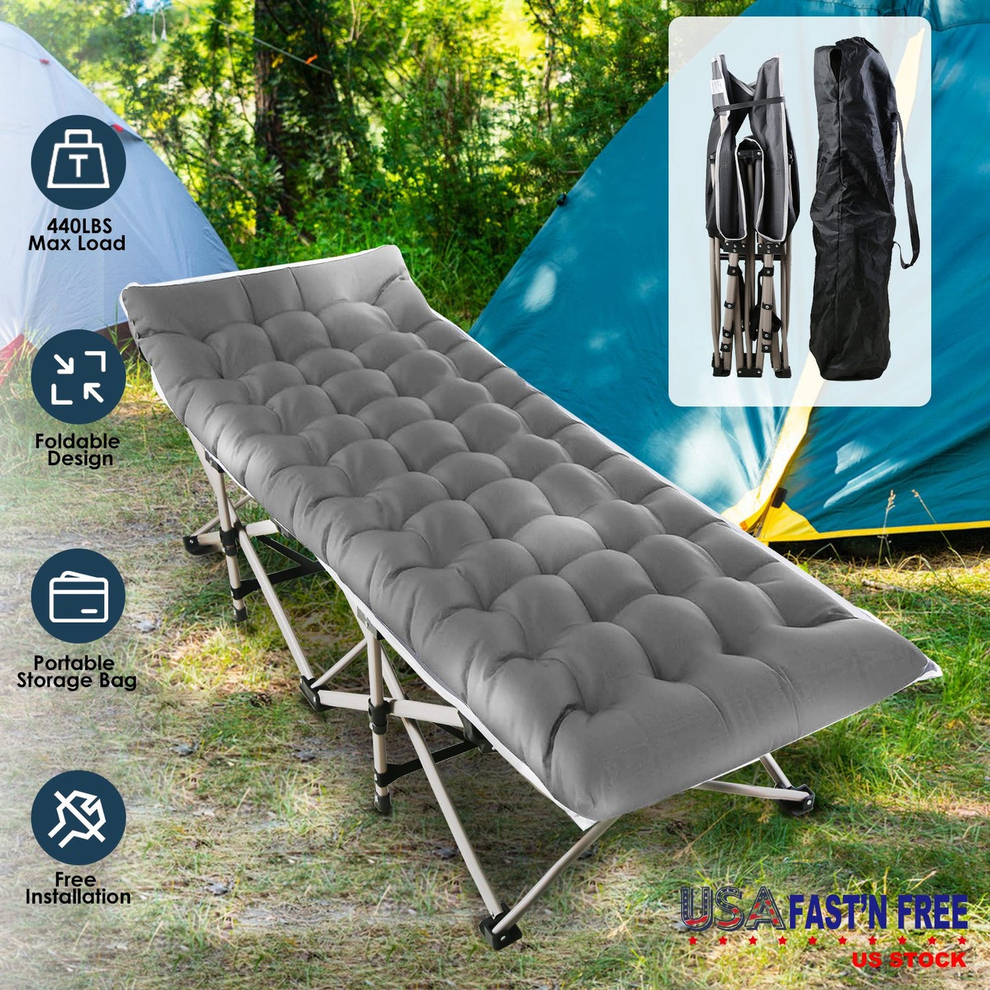 Folding Camping Cot Portable Sleeping Camping Bed Collapsible Travel Camp Cots Guest Bed Cot with 2-Sided Soft Pad 440LBS Max Load