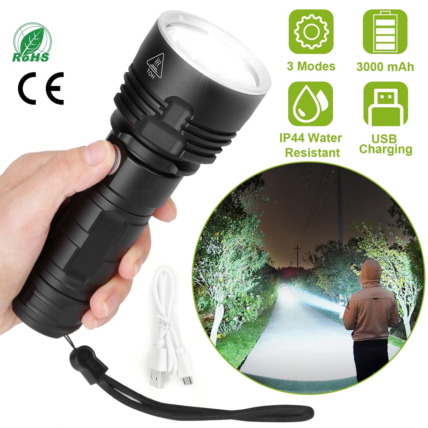 Tactical Military LED Flashlight Torch 50000LM USB Rechargeable Handheld Flashlight Torch w/ 3 Lighting Modes Strong Light Weak Light Strobe Mode