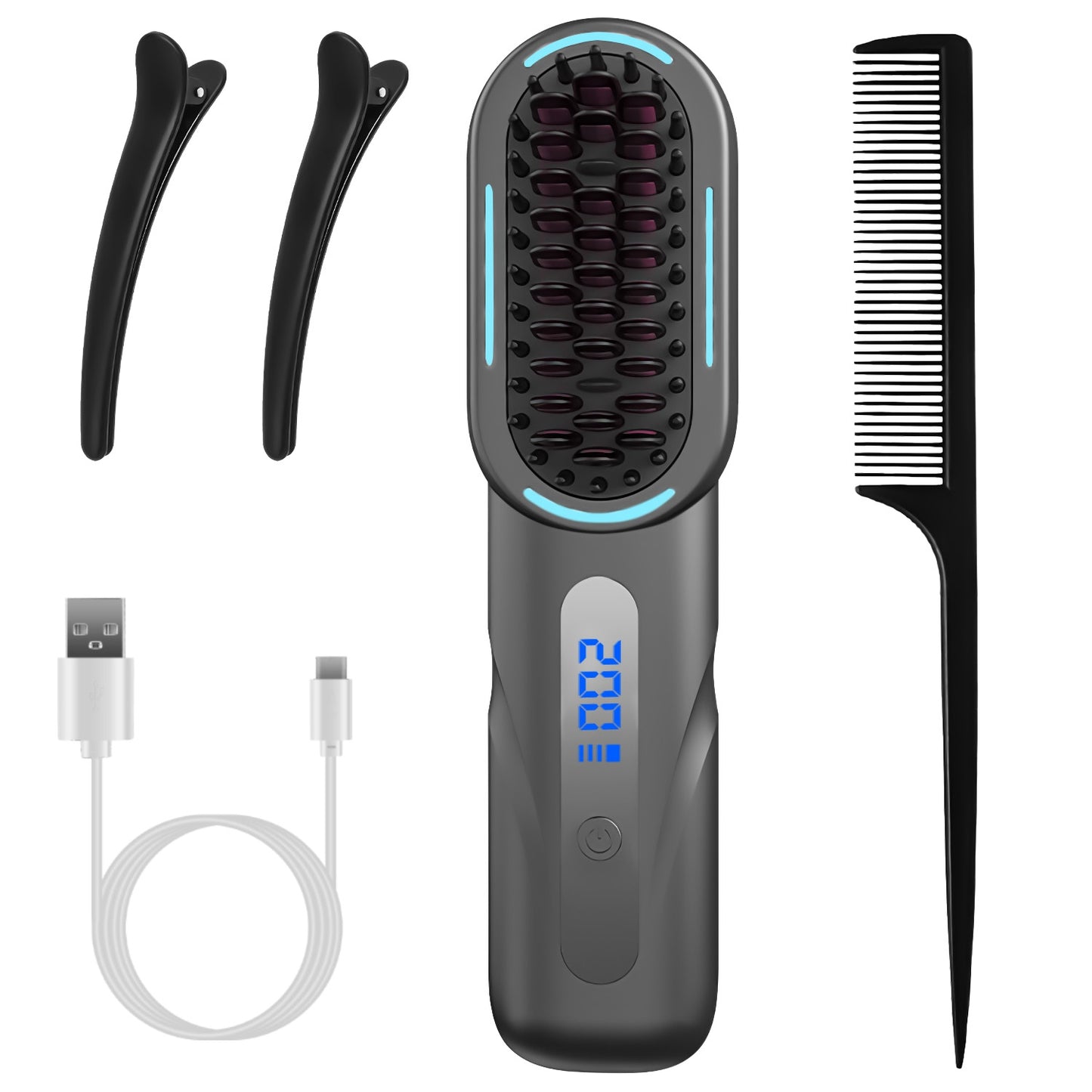 Cordless Hair Straightener Brush Rechargeable Mini Styling Comb with 4 Heating Levels Blue Light Sterilization Single press Stray Hair Removal 20Mins