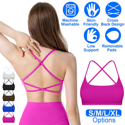Women Cross Back Sport Bras Padded Strappy Crop Open Back Low Impact Bras Sexy Fitness Tank Tops with Removable Pads Thin Straps for Gym Yoga Workout