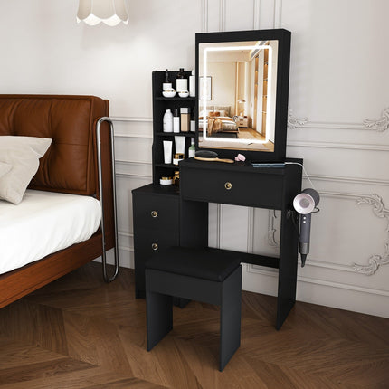 Vanity Desk Set with Lighted Mirror, 4 Drawers & Stool