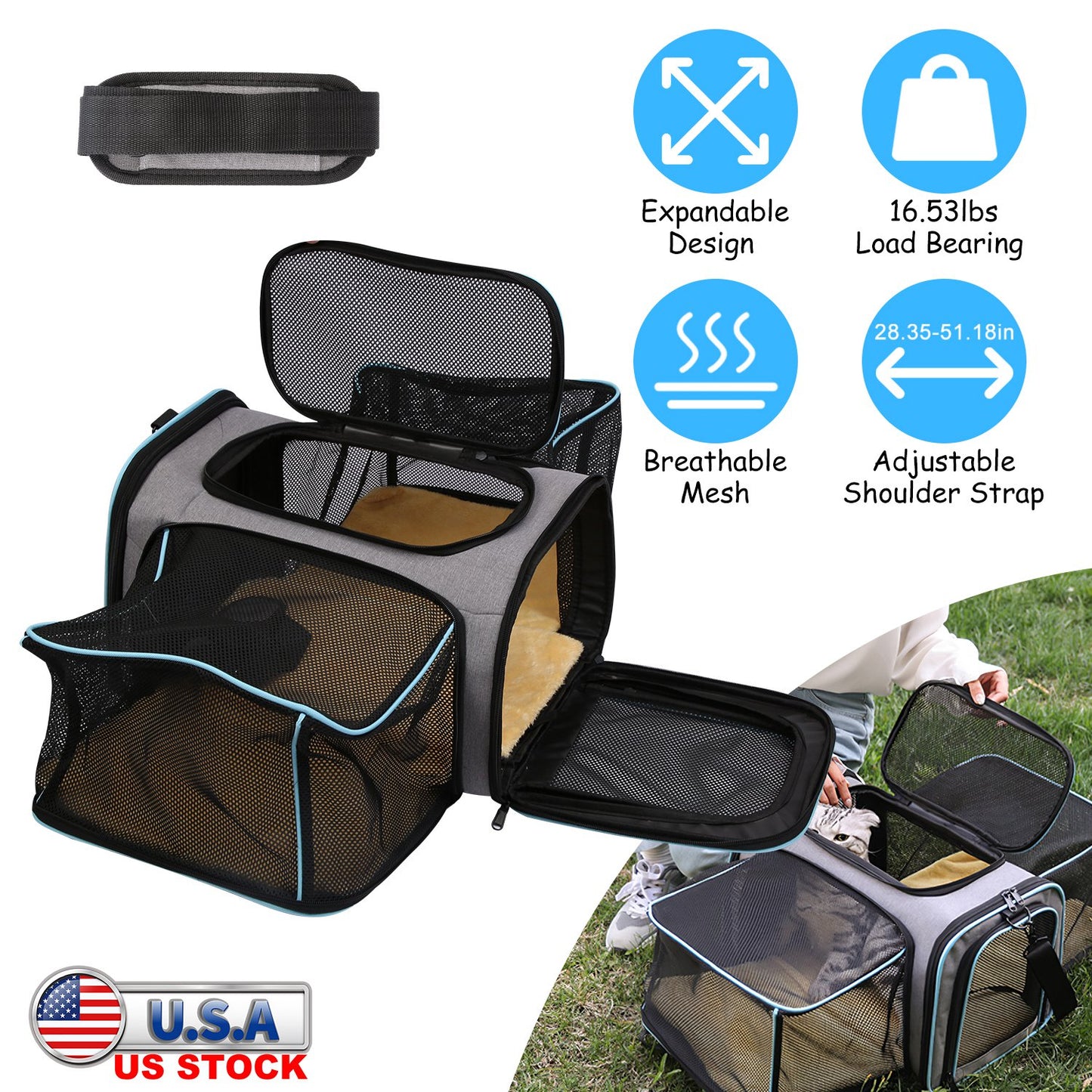 Expandable Pet Carrier Airline Approved Cat Dog Carrier Cat Collapsible Soft CarrierÊBag with Removable Fleece Pad Pockets Breathable Mesh Adjustable