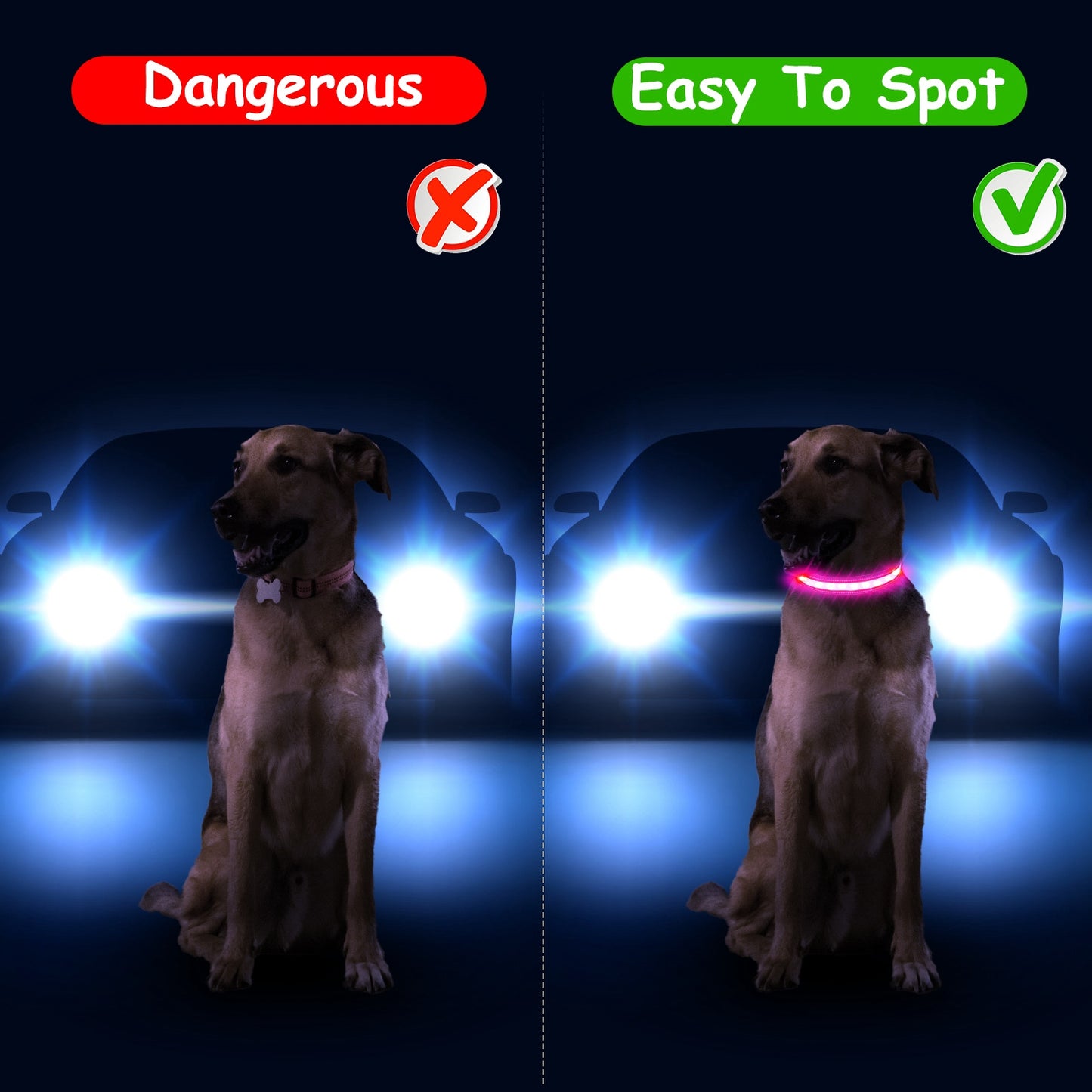 Light Up Dog Collar LED Dog Collar Safety Night Glowing Dog Collar with 9 Light Colors IPX7 Waterproof USB Rechargeable S/M/L