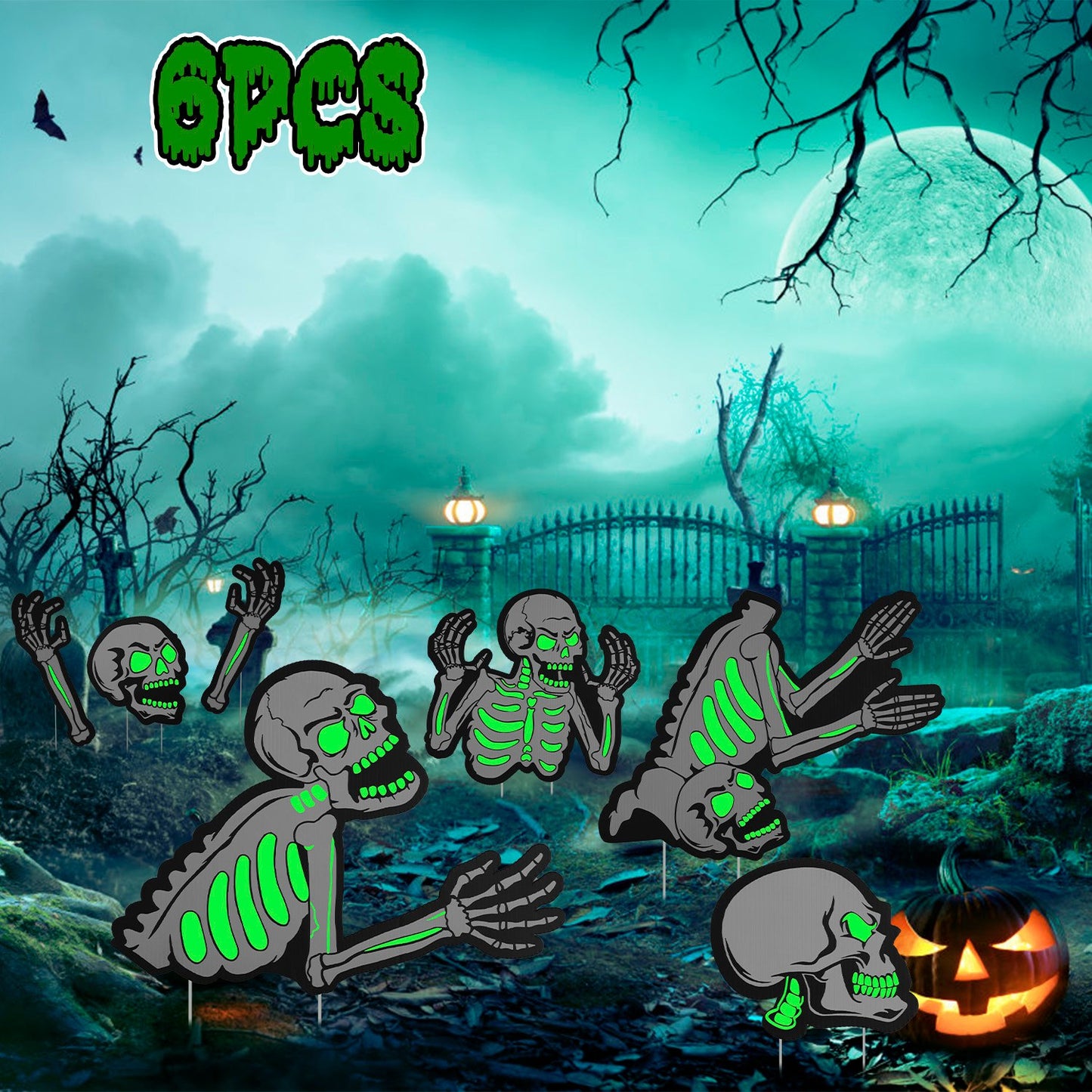 Halloween Skeleton Yard Sign Decorations 6Pcs Glow in the Dark Halloween Skull Fluorescence Lawn Garden Sign with 12 Stakes for Haunted House Garden Y