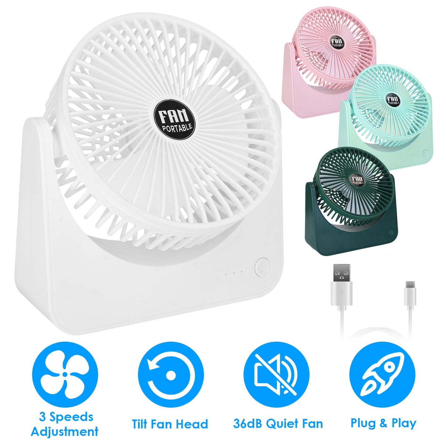 6.5in Desk Fan USB Powered 3 Speeds Table Cooling Fan Tilt Quiet Desktop Fan for Bedroom Office