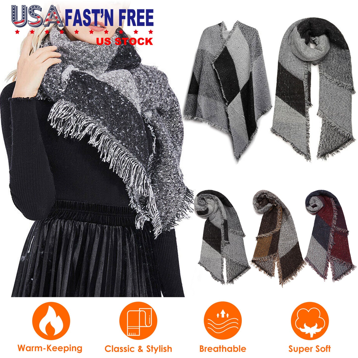 Women Winter Warm Scarf 74.8x25.6In Long Soft Knitted Shawl Extra Thick Plaid Blanket Wrap Cape
