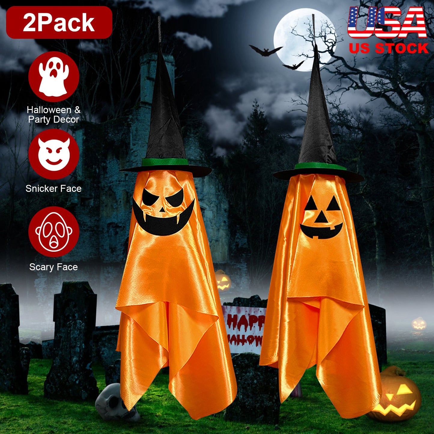 2 Pack Hanging Ghosts with Wizard Hat Snicker Scary Face Halloween Party Hanging Decorations Pumpkin Wizard Hat for Eave Tree Porch