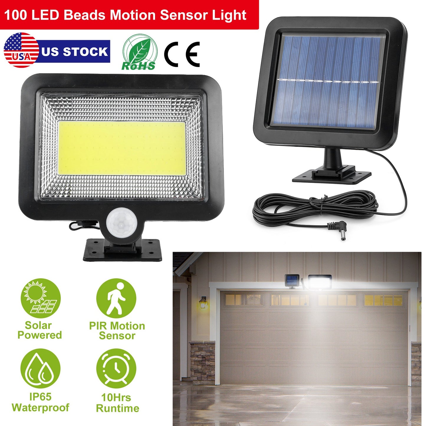 Solar Powered Wall Lights Outdoor 100 LED Beads Motion Sensor Lamp IP65 Waterproof Dusk To Dawn Sensor Light For Front Door Deck