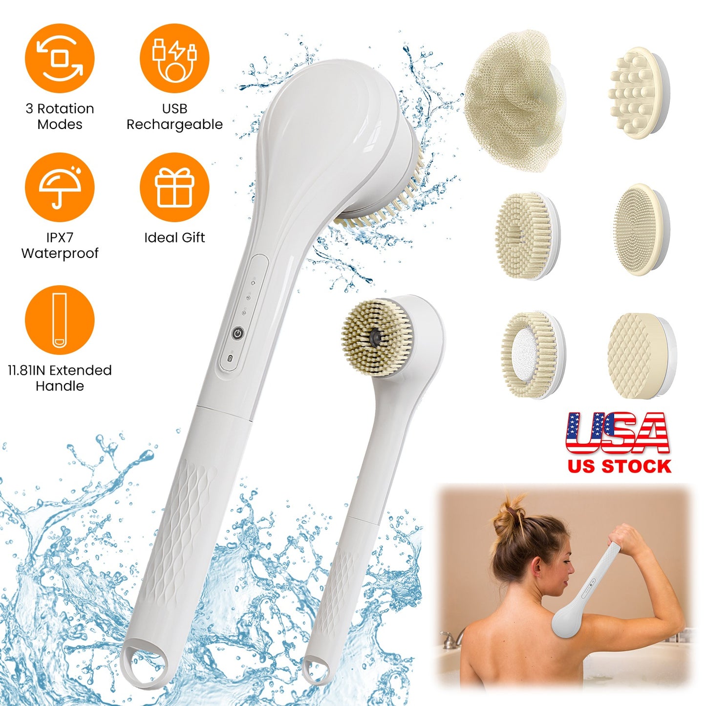 Electric Bath Brush Body Scrubber Rechargeable Massaging Spin Brush with 6 Shower Brush Heads 3 Rotating Modes Extended Handle