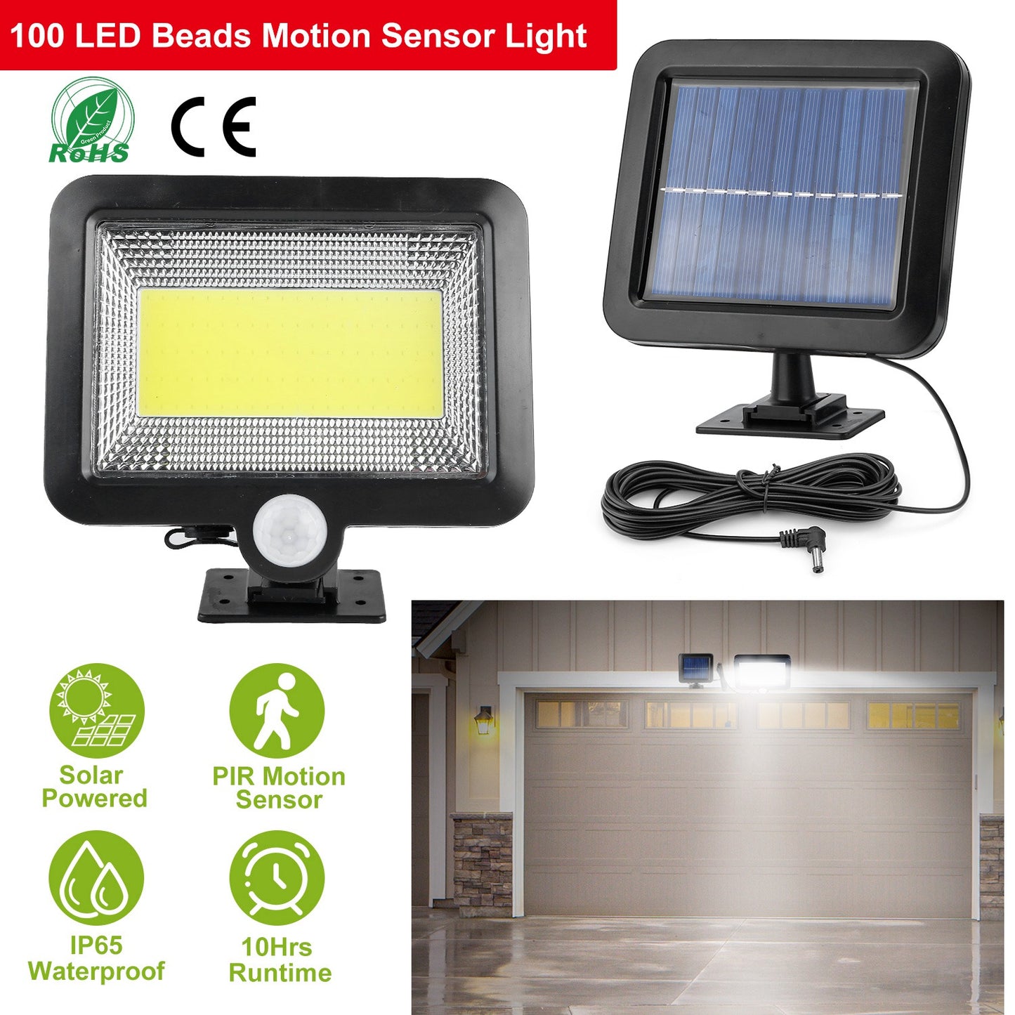 Solar Powered Wall Lights Outdoor 100 LED Beads Motion Sensor Lamp IP65 Waterproof Dusk To Dawn Sensor Light For Front Door Deck