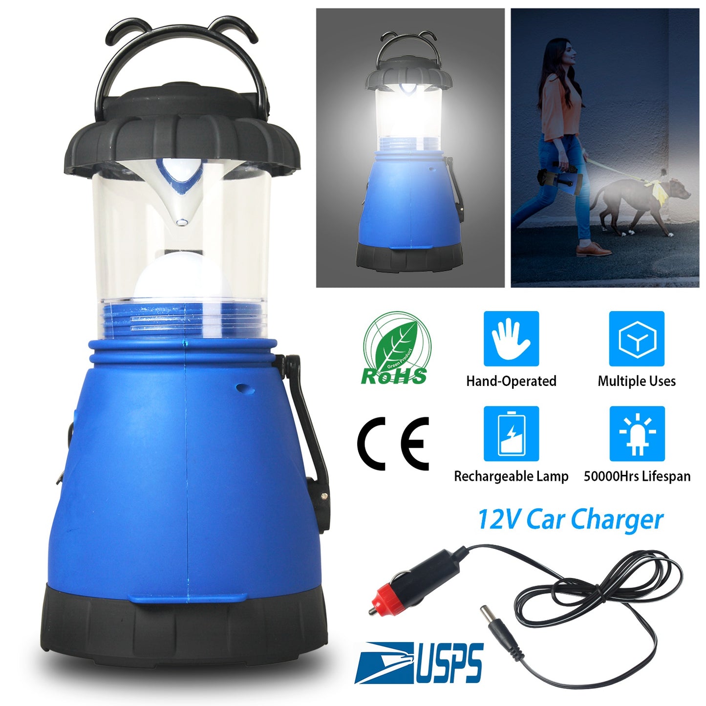 Camping Light Hand Crank Hiking Emergency Spotlight Lantern Lamps w/ Car Charger