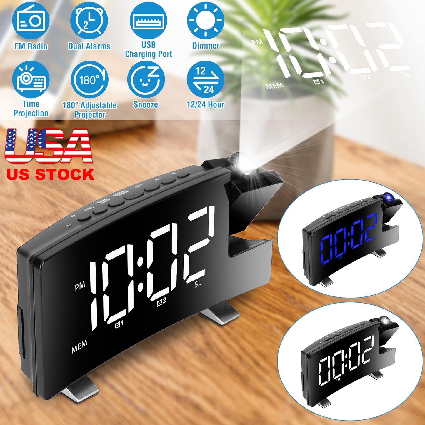 Projection Alarm Clock with Radio Function 7.7In Curved-Screen LED Digital Alarm Clock w/ Dual Alarms 4 Dimmer 12/24 Hour USB Charging Port 180¡ Rotat