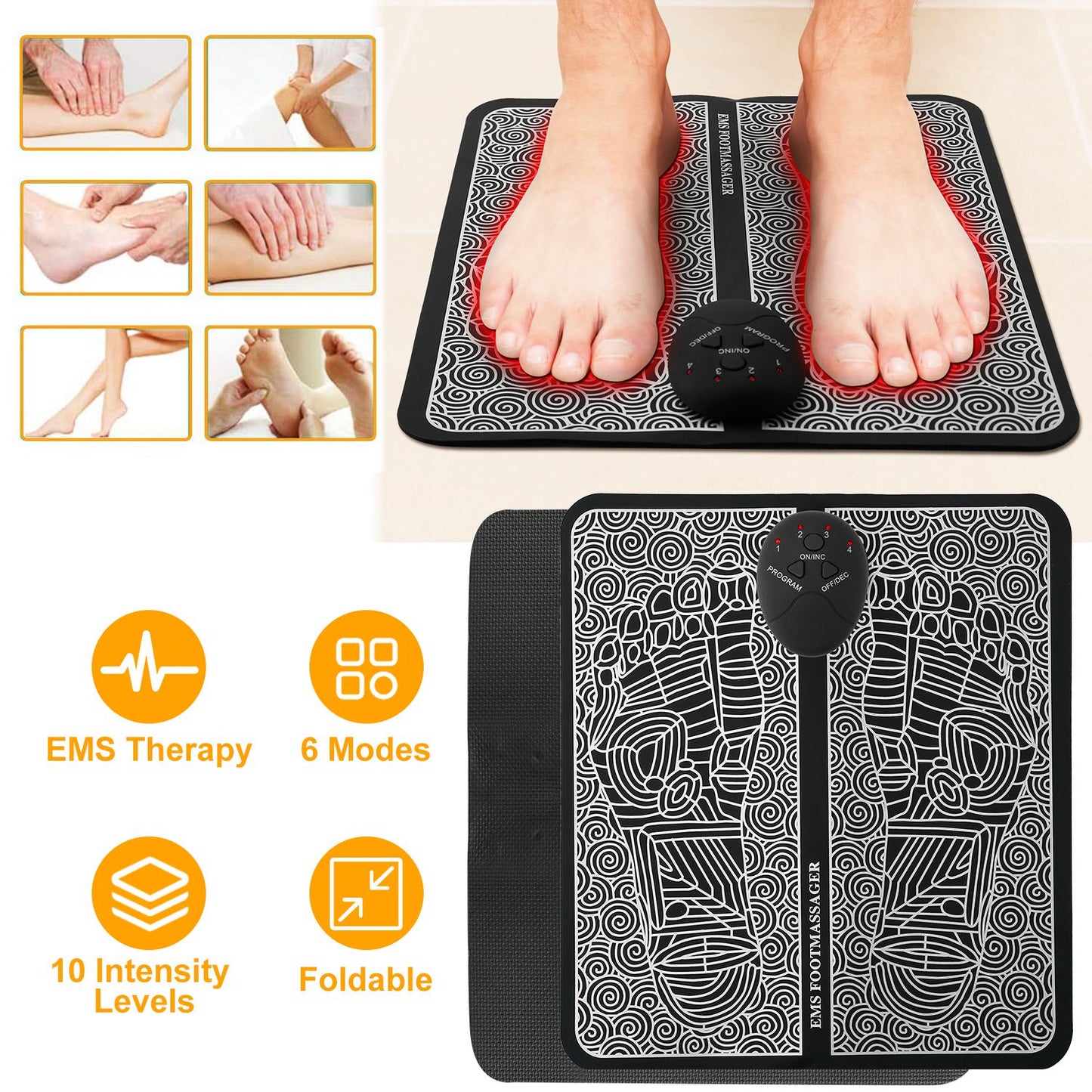 EMS Foot Massage Pad Electric Stimulator Massager Unit Leg Reshaping Muscle Pain Relax Foldable Massage Mat w/ 6 Modes 10 Intensity Levels