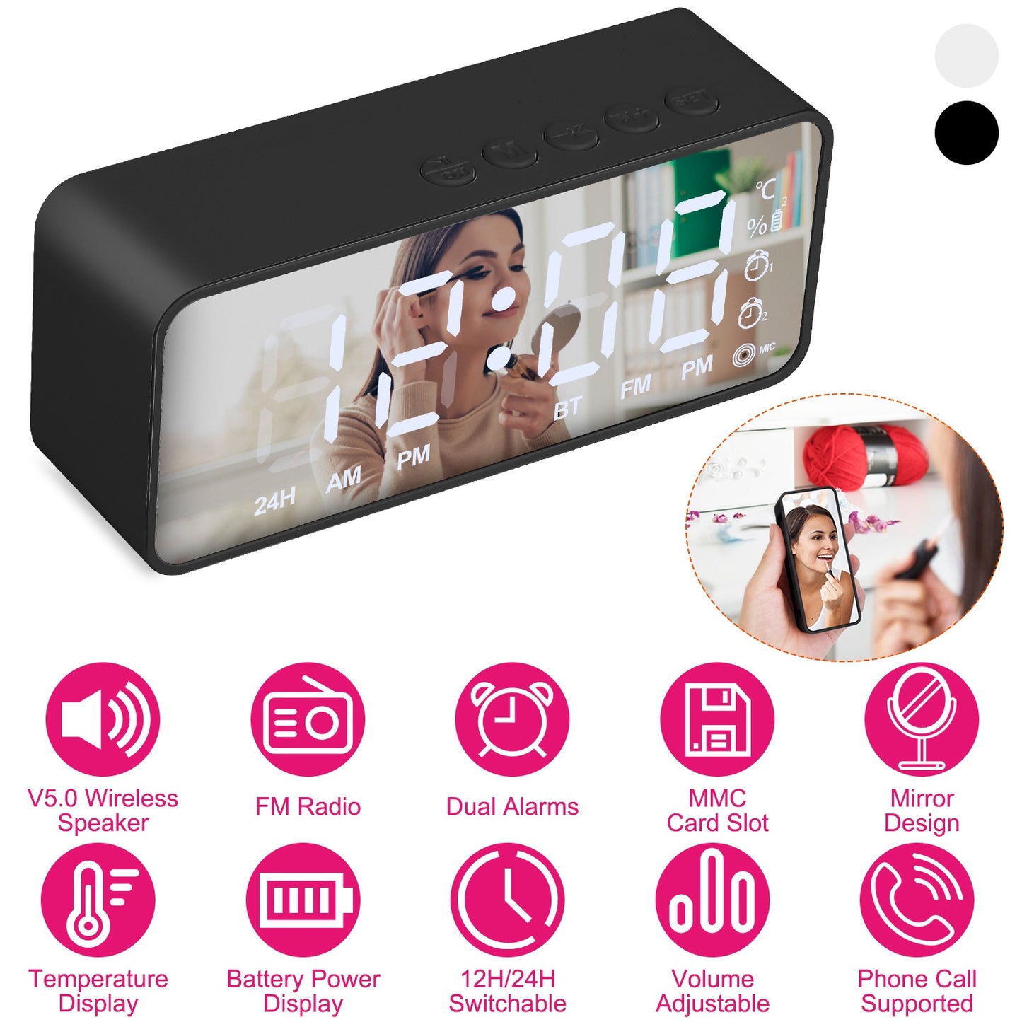 Mirror Digital Alarm Clock LED V5.0 Wireless Speaker Clock with FM Radio Temperature Display MMC Card Slot