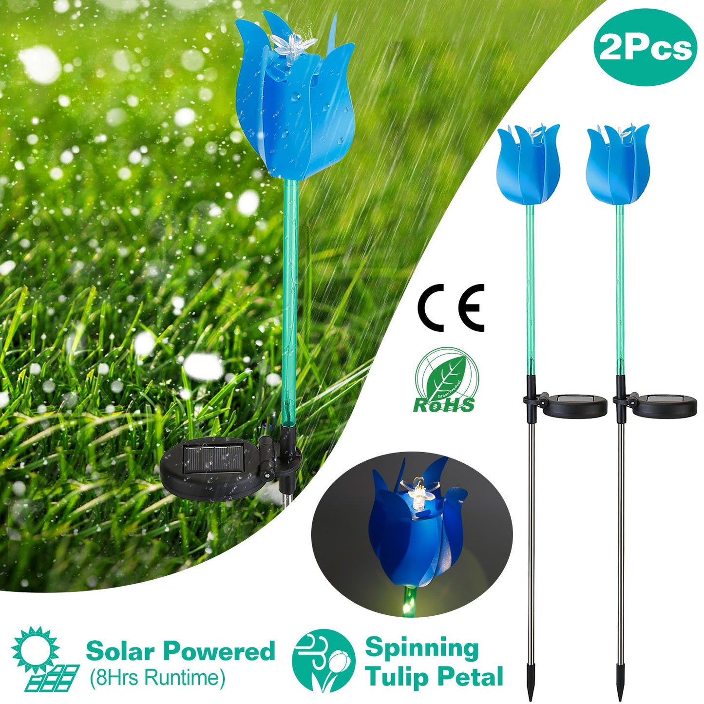 2Pcs Solar Powered Tulip Garden Light Wind Mill Waterproof Landscape Stake Lamp Decorative Lawn Lights For Yard Driveway Walkway Patio
