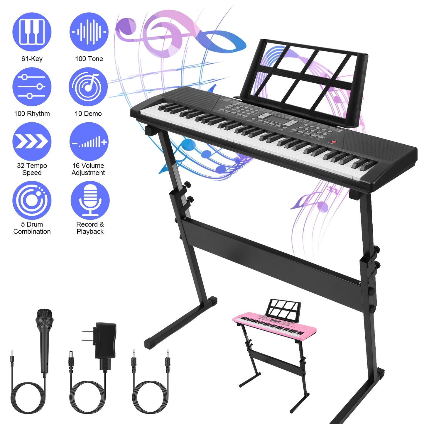 61 Keys Digital Music Keyboard Electric Piano Electronic Musical Instrument Kids Learning Keyboard with Microphone Stand for 3-12 Year Old Kids Girls
